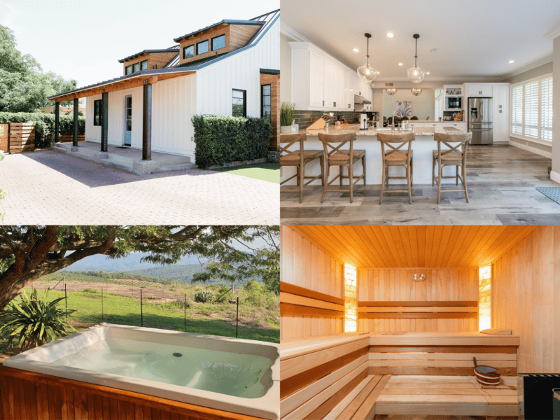 Four-photo collage of the mountain house: white exterior, open kitchen, hot tub overlooking a green valley, and a cedar sauna